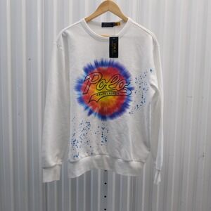 NWT Polo Ralph Lauren Tie Dye Logo Fleece Crewneck Sweatshirt Mens Small White